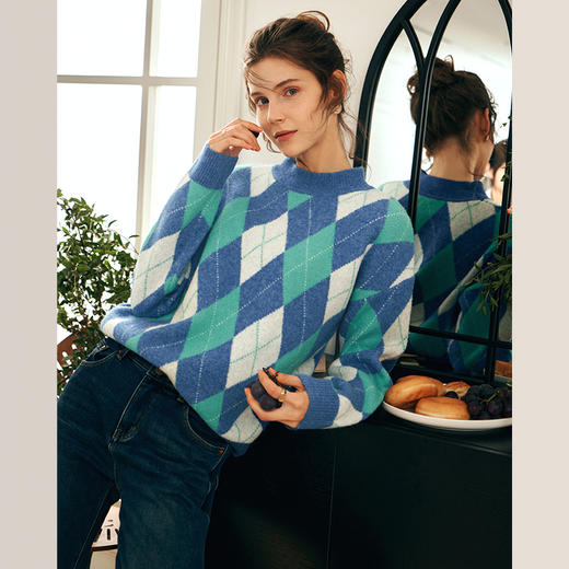 OLrain欧芮儿蓝色软糯毛衣女秋冬2023新款宽松菱格提花毛织套头衫 商品图0