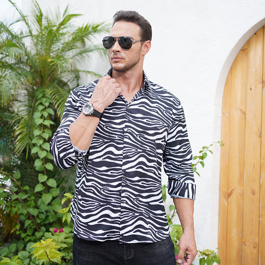 【一口价】【特大码】【新款DM】大依优型长袖衬衫花衬衫斑马纹男宽松加肥加大码男士休闲商务衬衣上衣胖子 商品图1