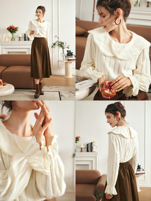 OLrain欧芮儿法式杏色雪纺衫女秋季2023年新款气质翻领别致蕾丝衫 商品图1