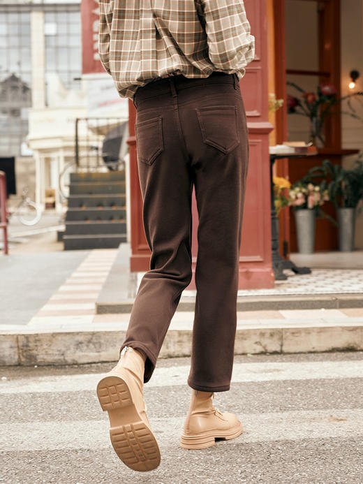 OLrain欧芮儿咖啡色直筒牛仔裤女秋冬2023新款百搭弹力加绒烟管裤 商品图2