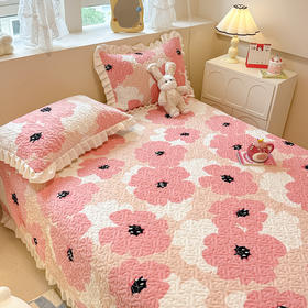 【下架】自然醒牛奶绒花边夹棉床盖冬季保暖珊瑚法兰绒榻榻米防滑加厚床单三件套炕单JY