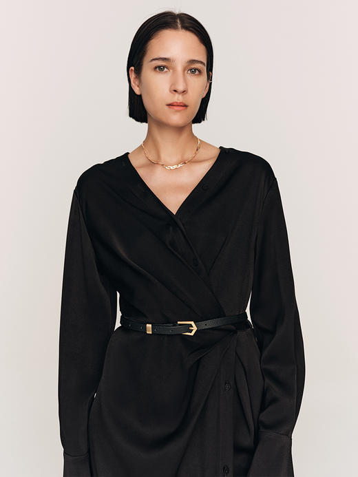 年会必备 三醋酸混纺V领褶皱收腰连衣裙FD477323N 商品图9