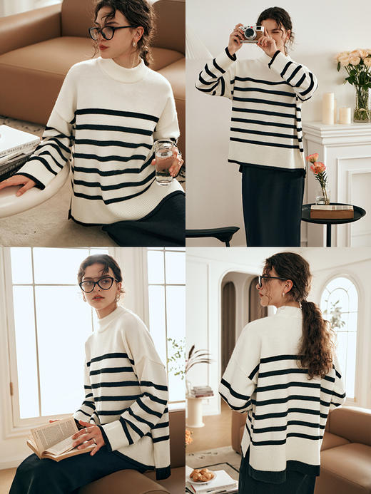 OLrain欧芮儿法式条纹毛衣女秋装2023年新款宽松慵懒风显瘦套头衫 商品图1