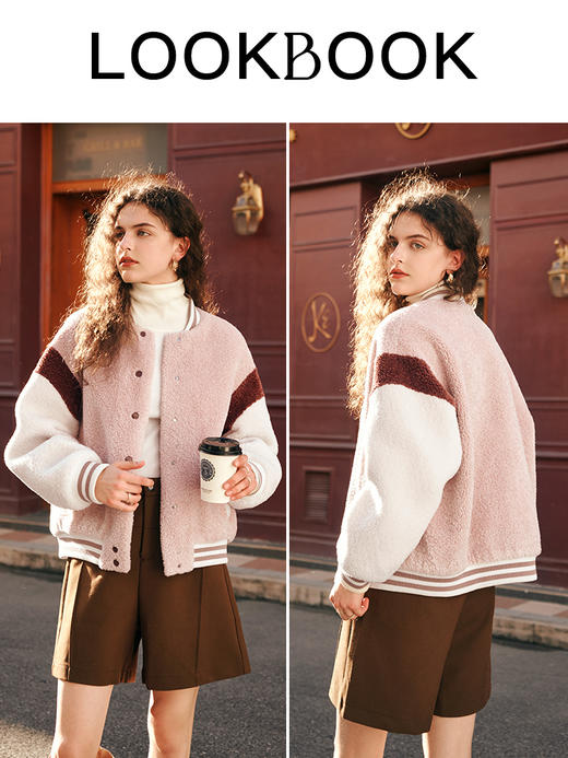 OLrain欧芮儿奶茶色皮草外套女秋冬2023新款休闲皮毛一体棒球服 商品图3