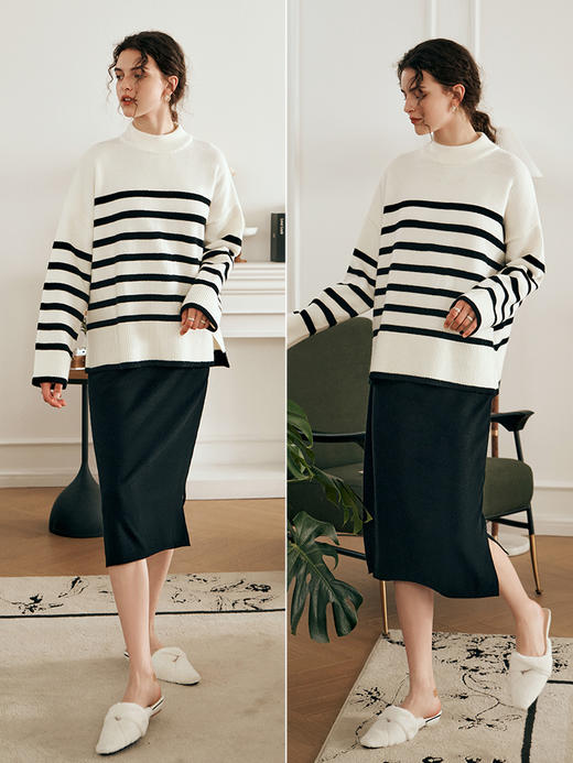 OLrain欧芮儿法式条纹毛衣女秋装2023年新款宽松慵懒风显瘦套头衫 商品图3