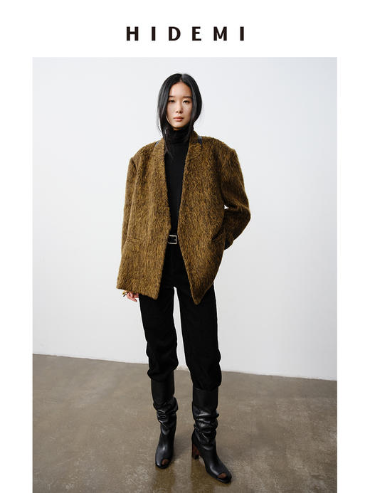 HIDEMI alpaca长毛羊驼毛苏力无领式垫肩一粒扣西装大衣 长款/短款 商品图10