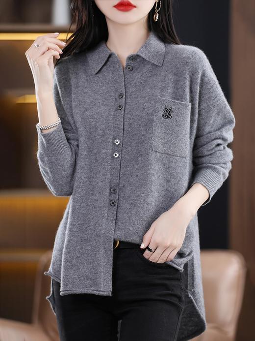 秋冬新款针织纯羊毛开衫，女衬衣领刺绣带兜毛衣外套显瘦打底衫上衣QP-SN2049 商品图4