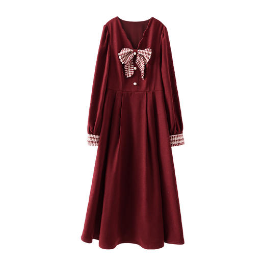 鹿向南《落日海棠》小香风蝴蝶结复古红色连衣裙女2023秋季裙子 商品图3