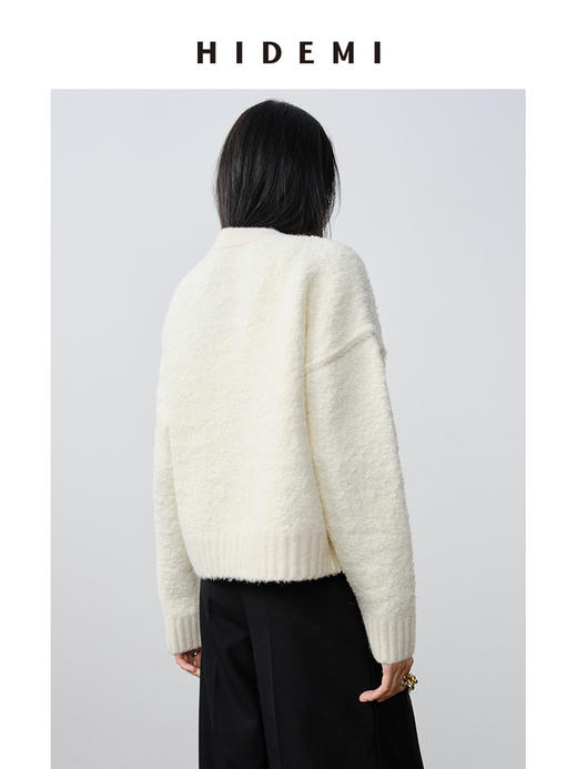 HIDEMI 澳洲美利奴羊毛混纺花式圈圈纱加厚款V领宽边开衫毛衣 商品图8