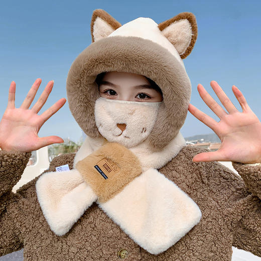【元气软萌 ！暖暖过冬】可爱小狐狸帽子围巾一体女冬季毛绒帽口罩连帽围脖冬天百搭保暖潮，软萌护理造型，双层保暖面料，感受帽子带给你的温暖。ry 商品图0