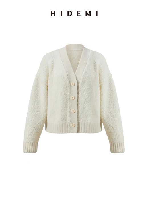 HIDEMI 澳洲美利奴羊毛混纺花式圈圈纱加厚款V领宽边开衫毛衣 商品图9