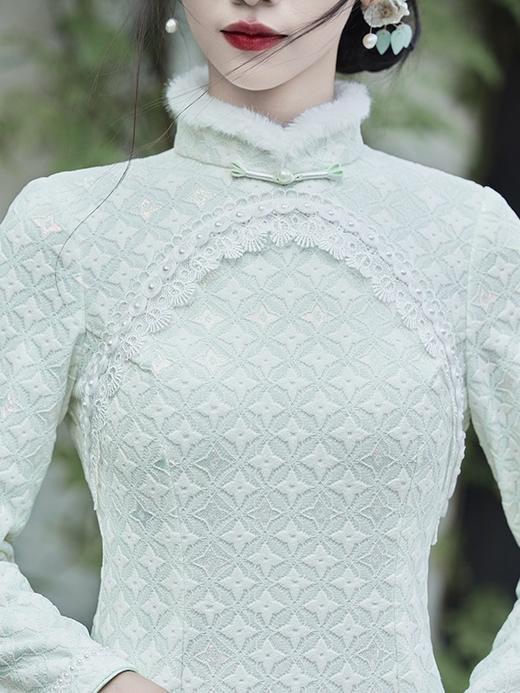 优雅气质，冬季新款锦棉提花毛领旗袍知性蕾丝花边日常宴会走秀旗袍BS-2859 商品图4