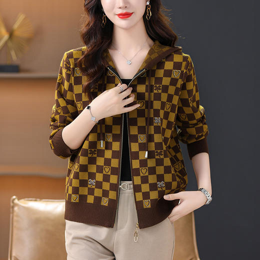 2023年新款洋气针织开衫格子连帽短外套CC-21-8106 商品图1