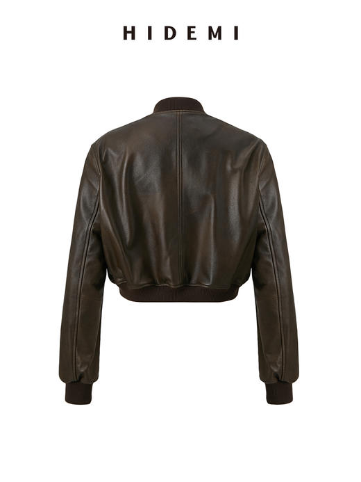 HIDEMI 做旧擦色绵羊皮拉链极简短款棒球皮衣外套 商品图3