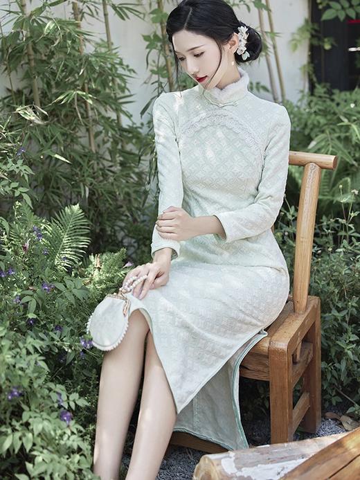 优雅气质，冬季新款锦棉提花毛领旗袍知性蕾丝花边日常宴会走秀旗袍BS-2859 商品图2
