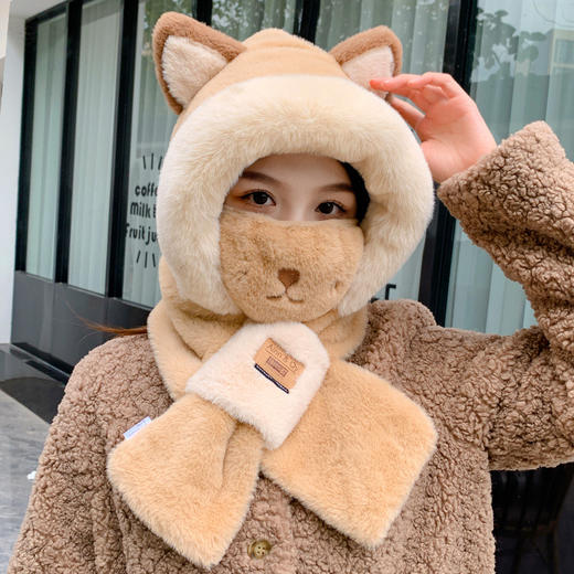 【元气软萌 ！暖暖过冬】可爱小狐狸帽子围巾一体女冬季毛绒帽口罩连帽围脖冬天百搭保暖潮，软萌护理造型，双层保暖面料，感受帽子带给你的温暖。ry 商品图1