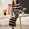 C16-6752长款过膝宽条纹针织连衣裙秋冬宽松遮肉圆领套头打底衫毛衣裙子厚 商品缩略图0