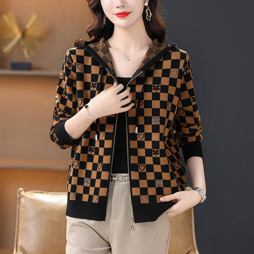 2023年新款洋气针织开衫格子连帽短外套CC-21-8106 商品图0