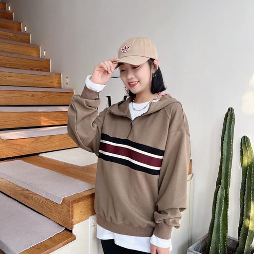 秋装新款宽松百搭设计感撞色条纹拉链连帽卫衣 商品图2