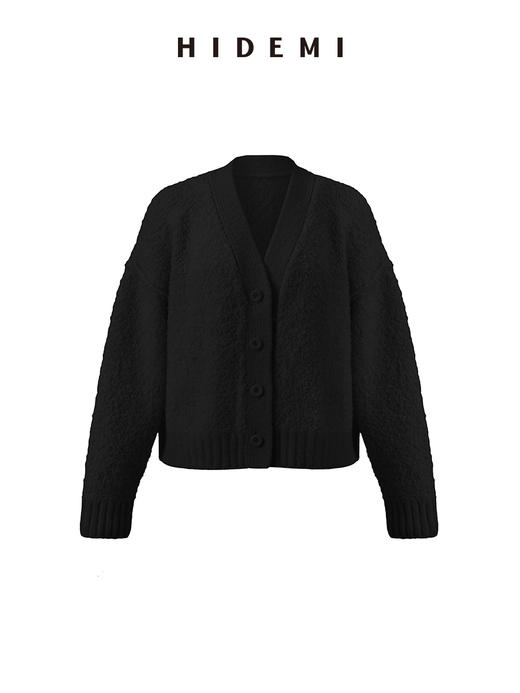 HIDEMI 澳洲美利奴羊毛混纺花式圈圈纱加厚款V领宽边开衫毛衣 商品图10