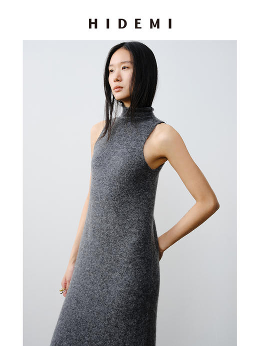 HIDEMI 羊驼毛极简立领背心连身毛衣长裙 商品图4