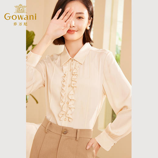 乔万尼新品长袖法式荷叶边设计真丝双乔衬衫ET3C649 商品图2