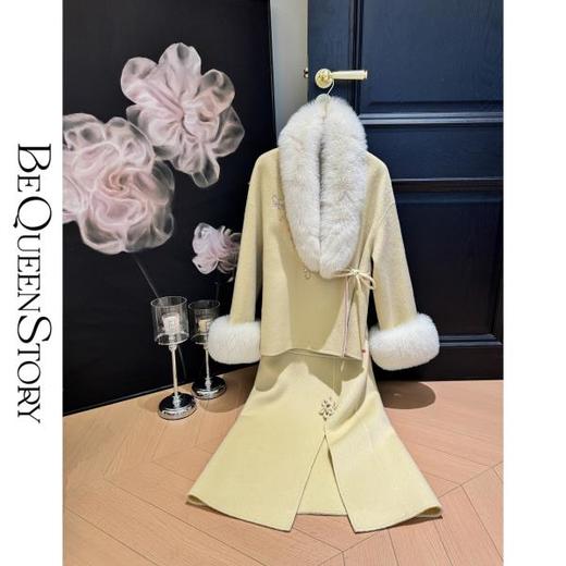 BeQueenStory【枕香如玉】新中式刺绣纤细澳毛拼接狐狸毛毛呢套装 商品图4