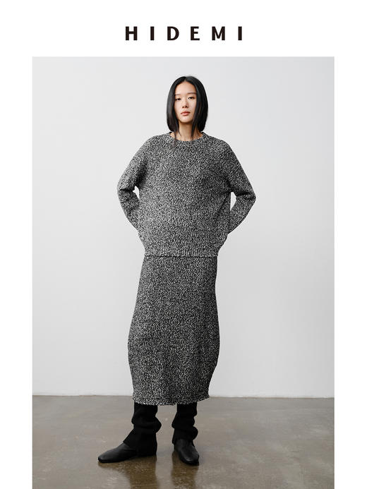 HIDEMI 美利奴羊毛芝麻花纱粗针慵懒极简圆领毛衣茧型半裙套装 商品图1