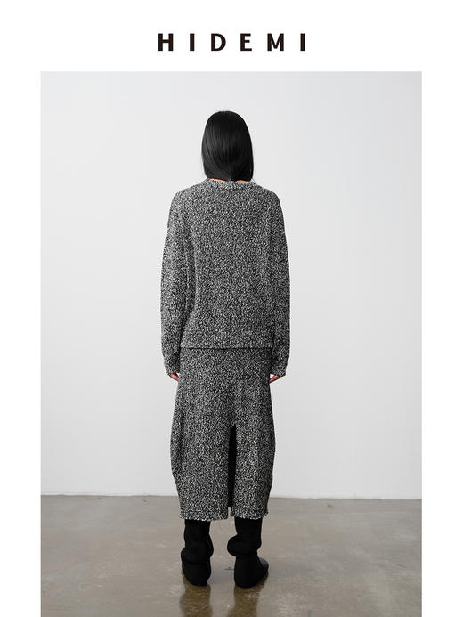 HIDEMI 美利奴羊毛芝麻花纱粗针慵懒极简圆领毛衣茧型半裙套装 商品图5