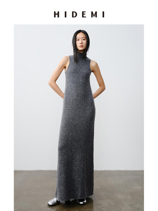 HIDEMI 羊驼毛极简立领背心连身毛衣长裙 商品图3