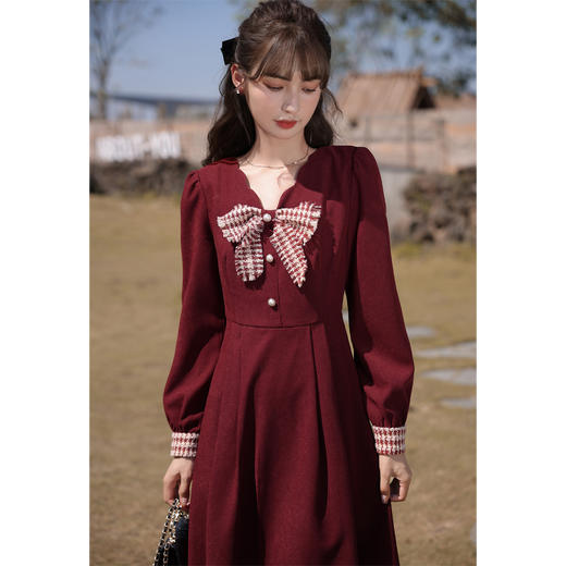 鹿向南《落日海棠》小香风蝴蝶结复古红色连衣裙女2023秋季裙子 商品图0