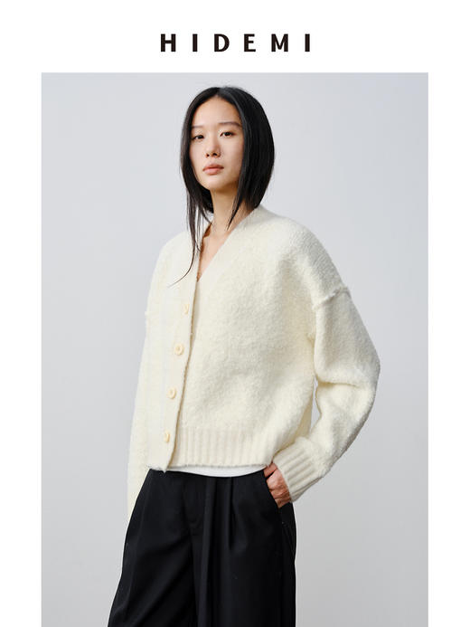 HIDEMI 澳洲美利奴羊毛混纺花式圈圈纱加厚款V领宽边开衫毛衣 商品图2