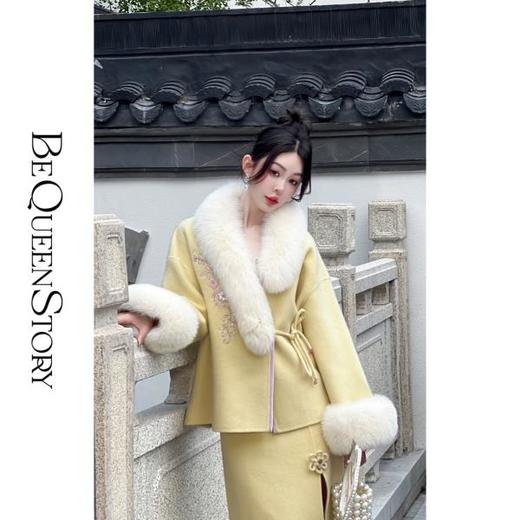 BeQueenStory【枕香如玉】新中式刺绣纤细澳毛拼接狐狸毛毛呢套装 商品图0
