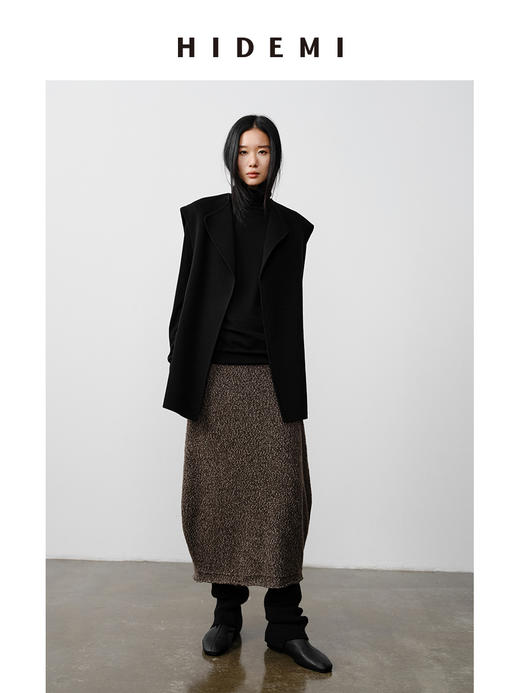HIDEMI 美利奴羊毛芝麻花纱粗针慵懒极简圆领毛衣茧型半裙套装 商品图7
