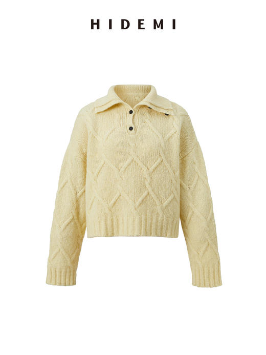 HIDEMI 羊驼毛羊毛加厚混纺花针纽扣多穿式海军大翻领毛衣 商品图7