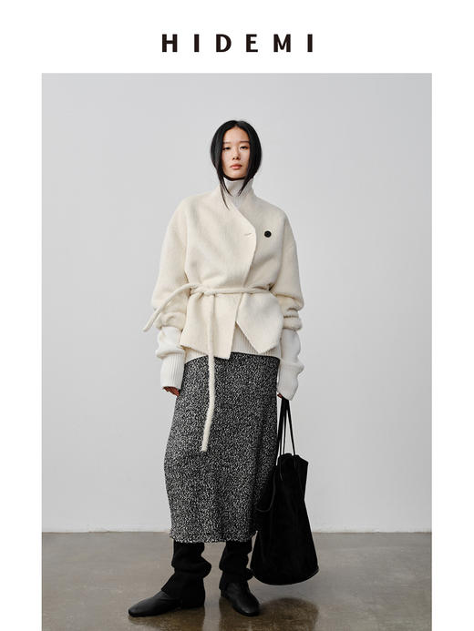HIDEMI 美利奴羊毛芝麻花纱粗针慵懒极简圆领毛衣茧型半裙套装 商品图10