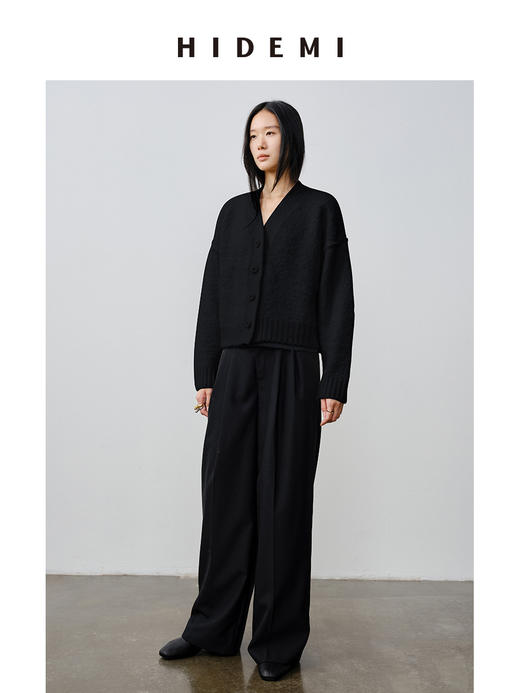 HIDEMI 澳洲美利奴羊毛混纺花式圈圈纱加厚款V领宽边开衫毛衣 商品图1