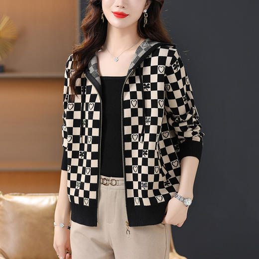 2023年新款洋气针织开衫格子连帽短外套CC-21-8106 商品图2