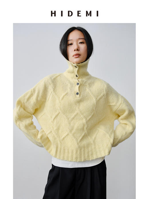 HIDEMI 羊驼毛羊毛加厚混纺花针纽扣多穿式海军大翻领毛衣 商品图5