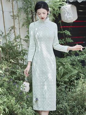 优雅气质，冬季新款锦棉提花毛领旗袍知性蕾丝花边日常宴会走秀旗袍BS-2859