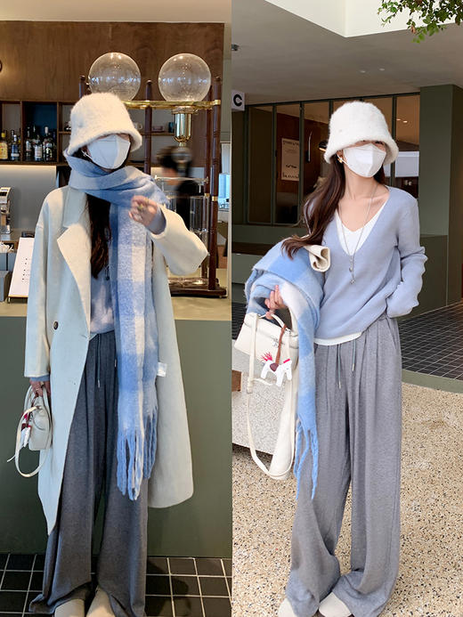 <曾小咸推荐>韩系假两件V领蓝色长袖针织衫女 商品图1