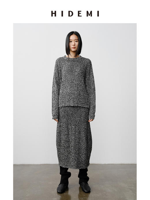 HIDEMI 美利奴羊毛芝麻花纱粗针慵懒极简圆领毛衣茧型半裙套装 商品图2