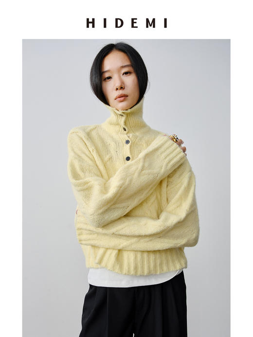 HIDEMI 羊驼毛羊毛加厚混纺花针纽扣多穿式海军大翻领毛衣 商品图4