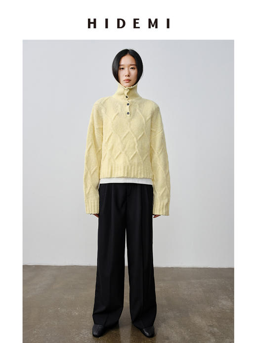 HIDEMI 羊驼毛羊毛加厚混纺花针纽扣多穿式海军大翻领毛衣 商品图0