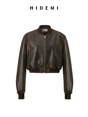 HIDEMI 做旧擦色绵羊皮拉链极简短款棒球皮衣外套