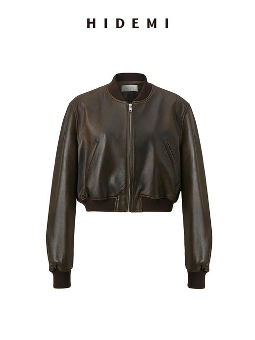 HIDEMI 做旧擦色绵羊皮拉链极简短款棒球皮衣外套 商品图0