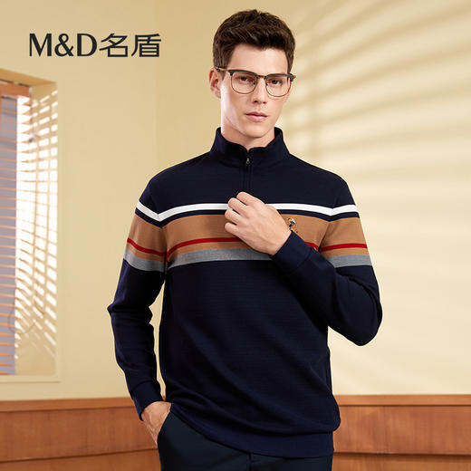 【名盾】MD名盾男士立领长袖上衣纯棉商务休闲撞色条纹针织衫11582 商品图0