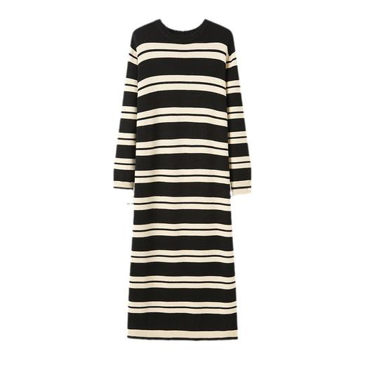 C16-6752长款过膝宽条纹针织连衣裙秋冬宽松遮肉圆领套头打底衫毛衣裙子厚 商品图4