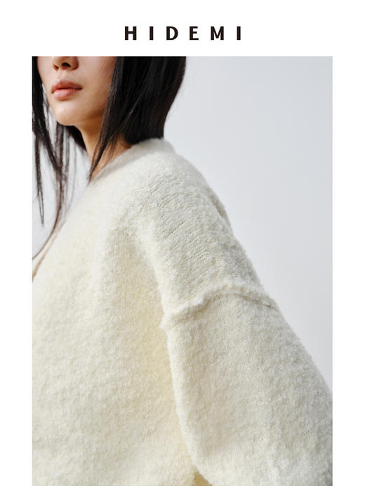 HIDEMI 澳洲美利奴羊毛混纺花式圈圈纱加厚款V领宽边开衫毛衣 商品图3