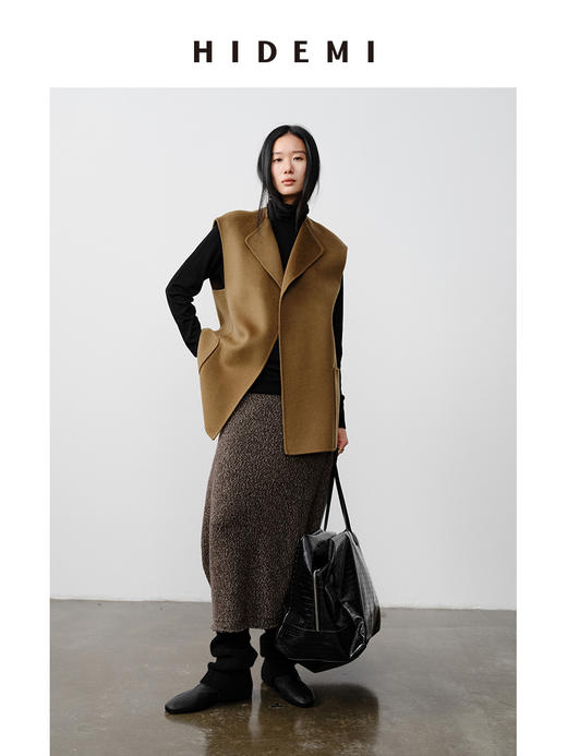 HIDEMI 美利奴羊毛芝麻花纱粗针慵懒极简圆领毛衣茧型半裙套装 商品图8